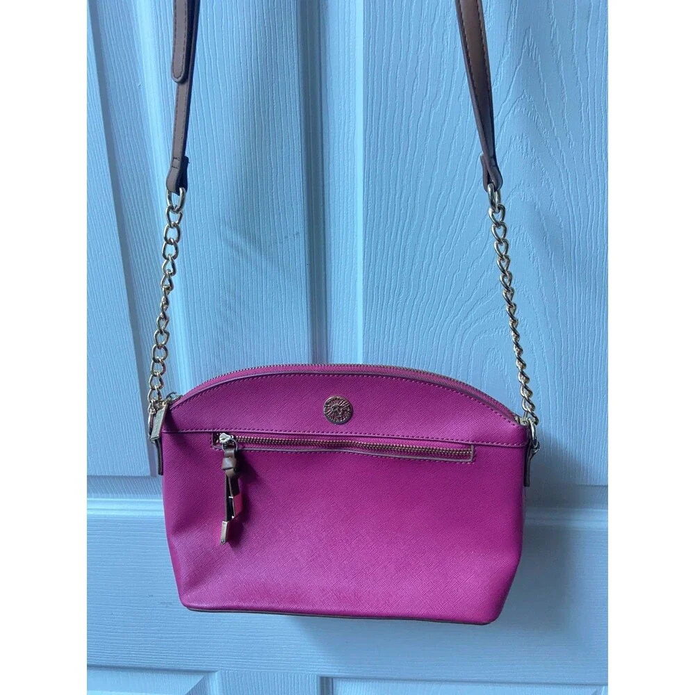 Anne Klein Faux Leather Hot Pink Logo Shoulder Bag Gold Hardware Chain Accent